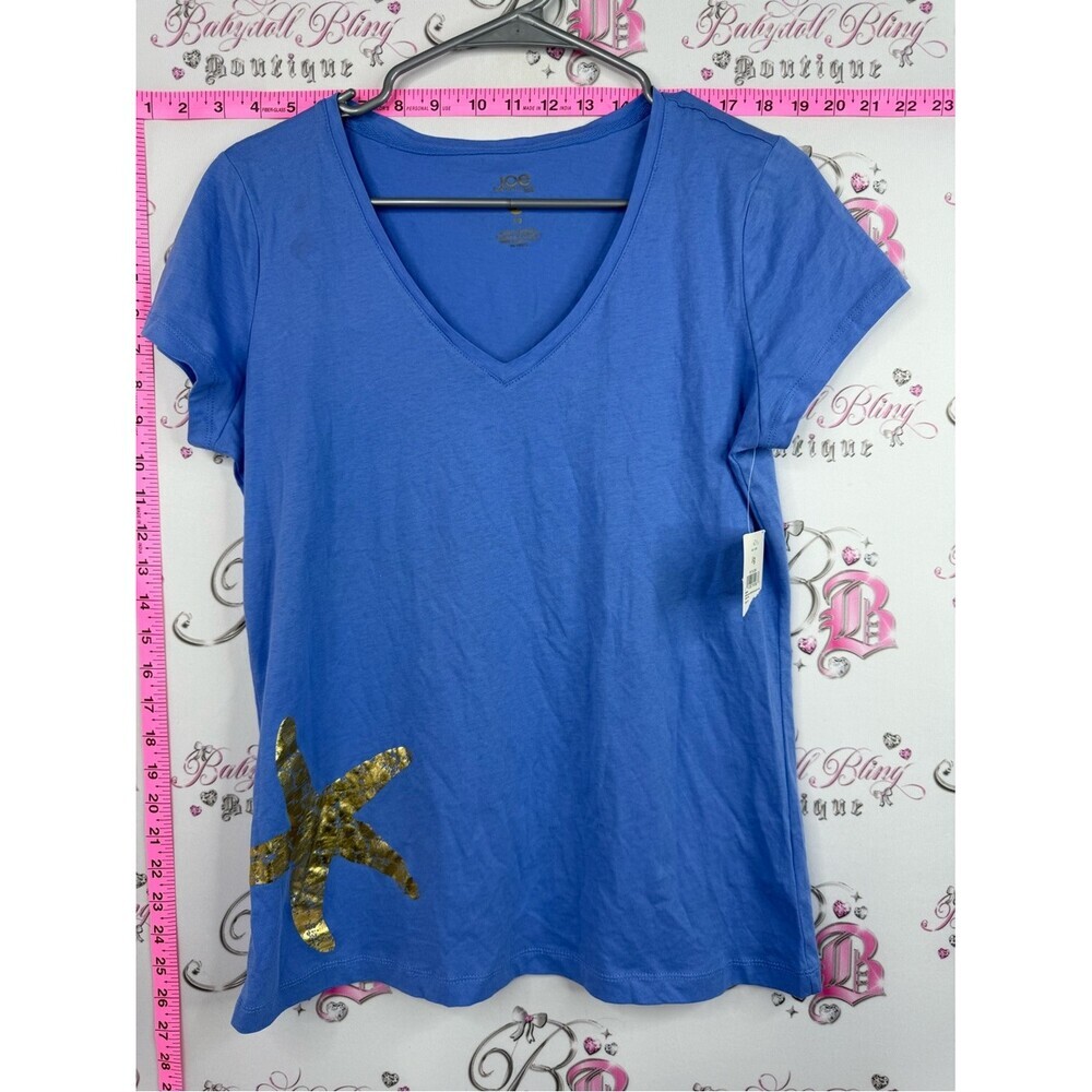 Joe Fresh T-shirt Blue V-Neck Tee with Gold shiny Accent star fish